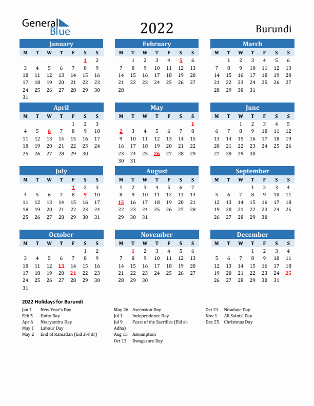 Printable Calendar 2022 with Burundi Holidays (Monday Start)