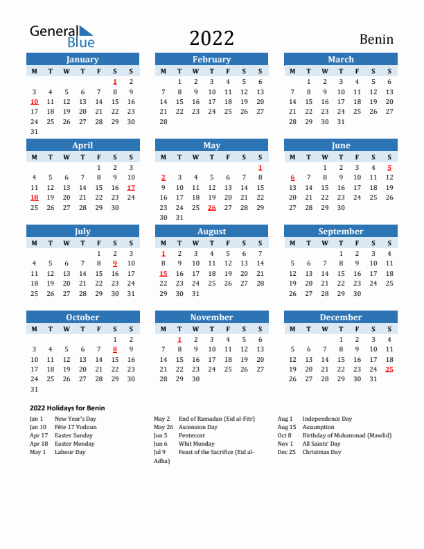 Printable Calendar 2022 with Benin Holidays (Monday Start)