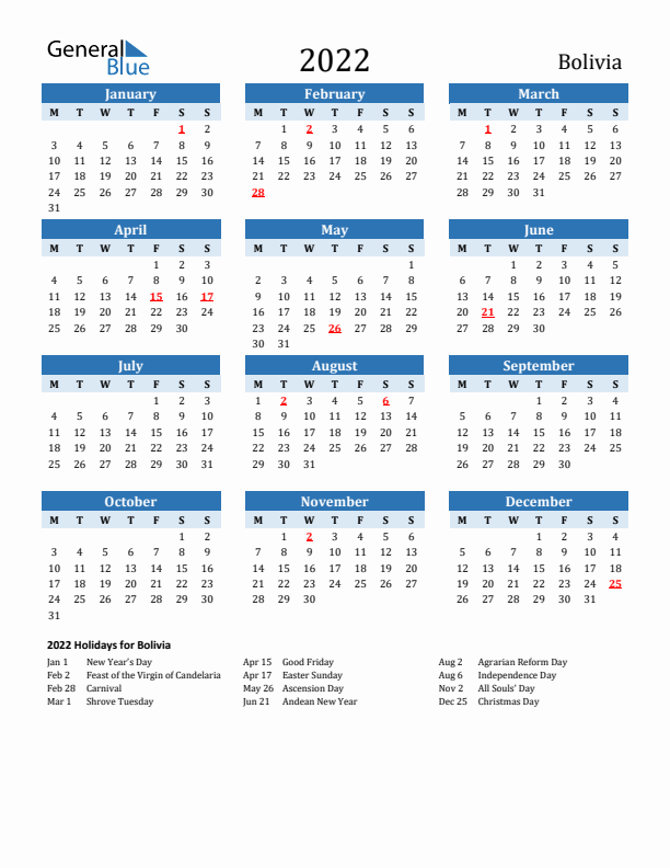 Printable Calendar 2022 with Bolivia Holidays (Monday Start)
