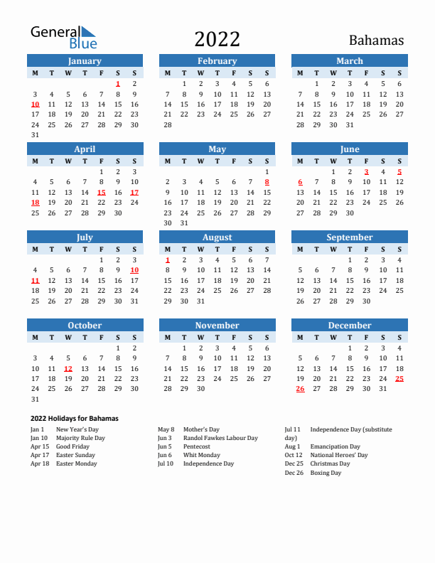 Printable Calendar 2022 with Bahamas Holidays (Monday Start)