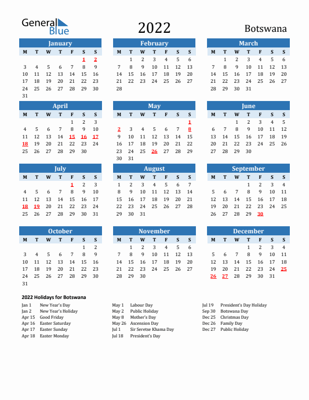 Printable Calendar 2022 with Botswana Holidays (Monday Start)