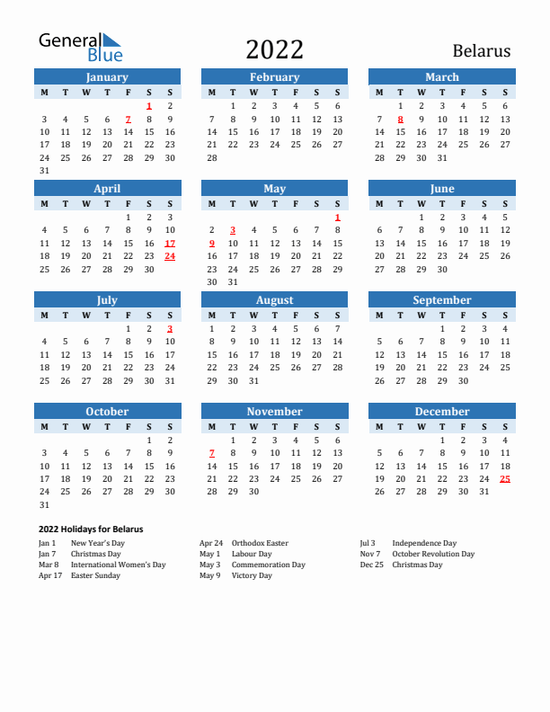 Printable Calendar 2022 with Belarus Holidays (Monday Start)