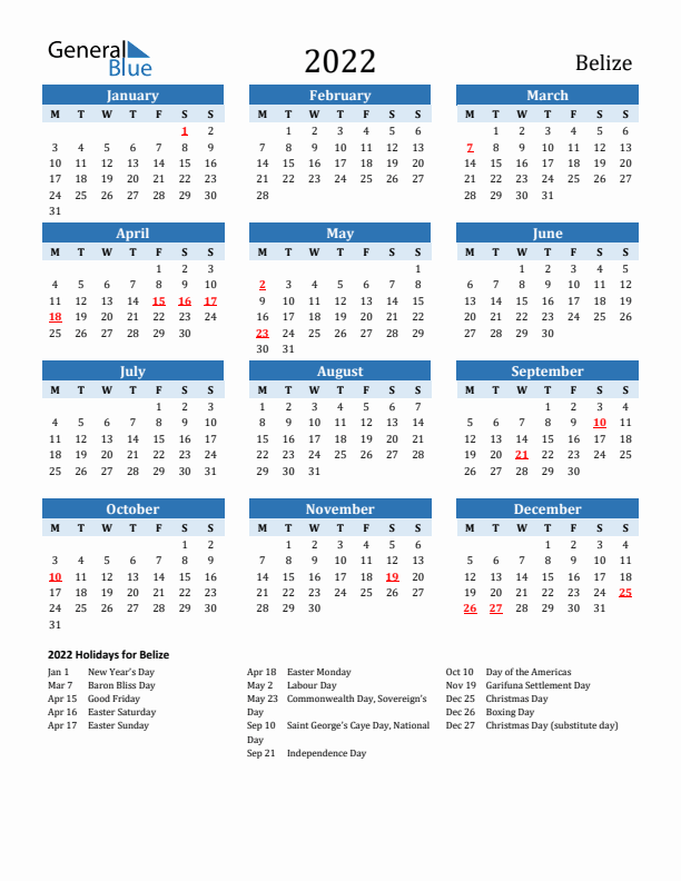 Printable Calendar 2022 with Belize Holidays (Monday Start)