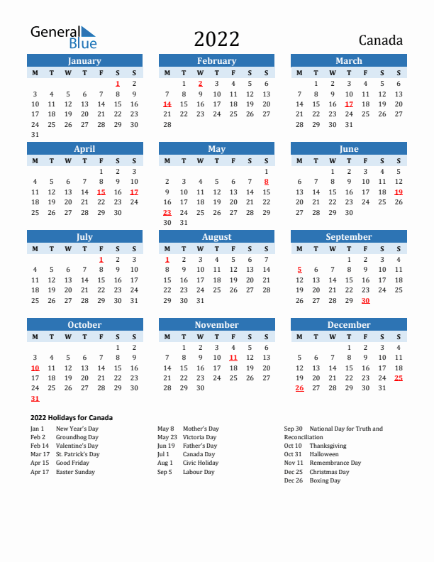 Printable Calendar 2022 with Canada Holidays (Monday Start)