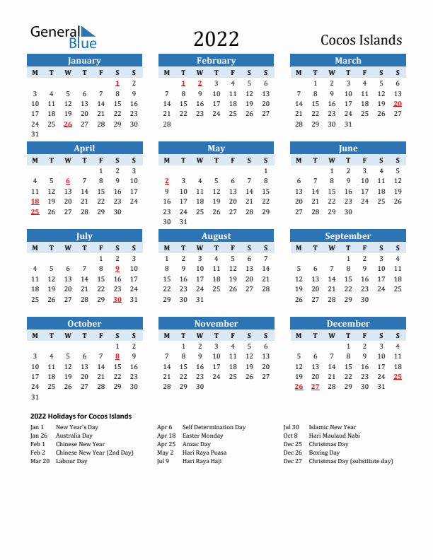 Printable Calendar 2022 with Cocos Islands Holidays (Monday Start)