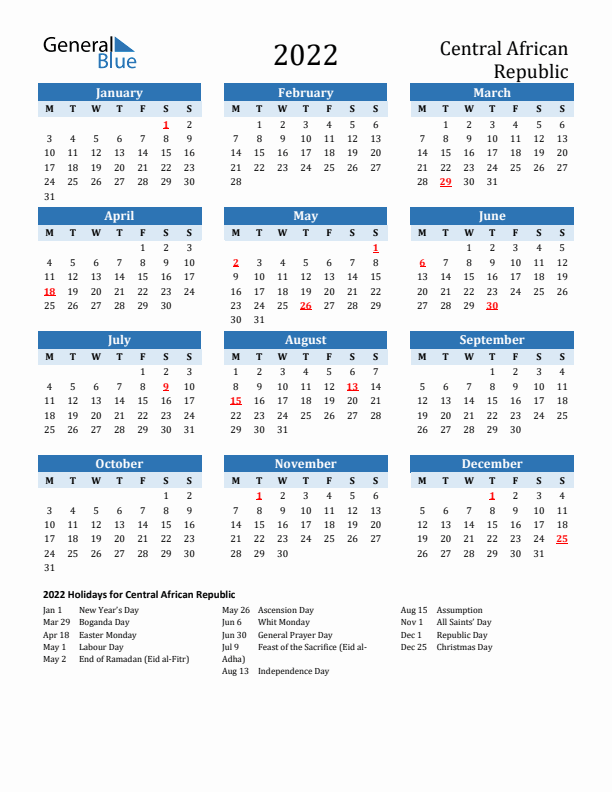 Printable Calendar 2022 with Central African Republic Holidays (Monday Start)
