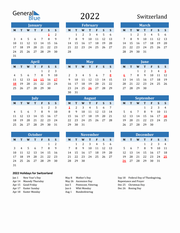 Printable Calendar 2022 with Switzerland Holidays (Monday Start)