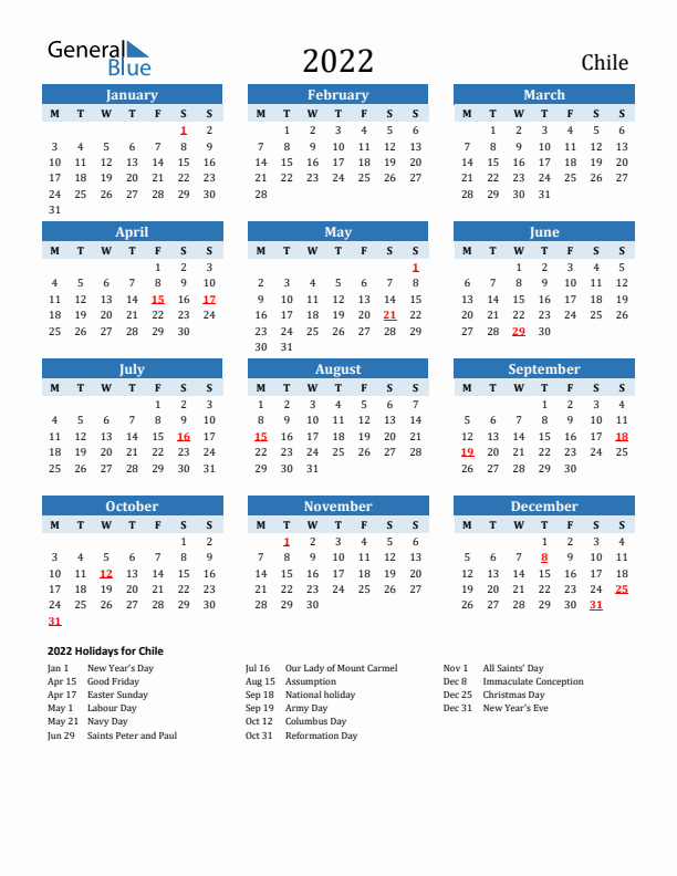 Printable Calendar 2022 with Chile Holidays (Monday Start)