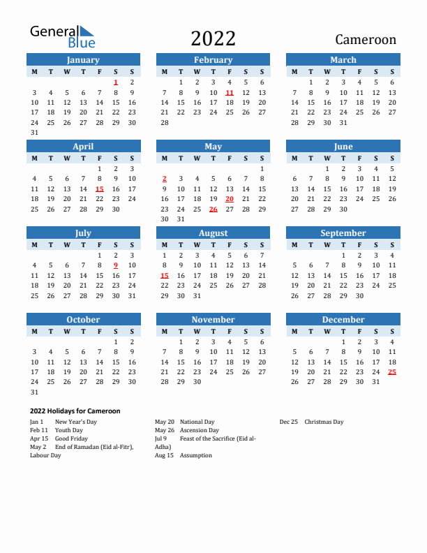 Printable Calendar 2022 with Cameroon Holidays (Monday Start)