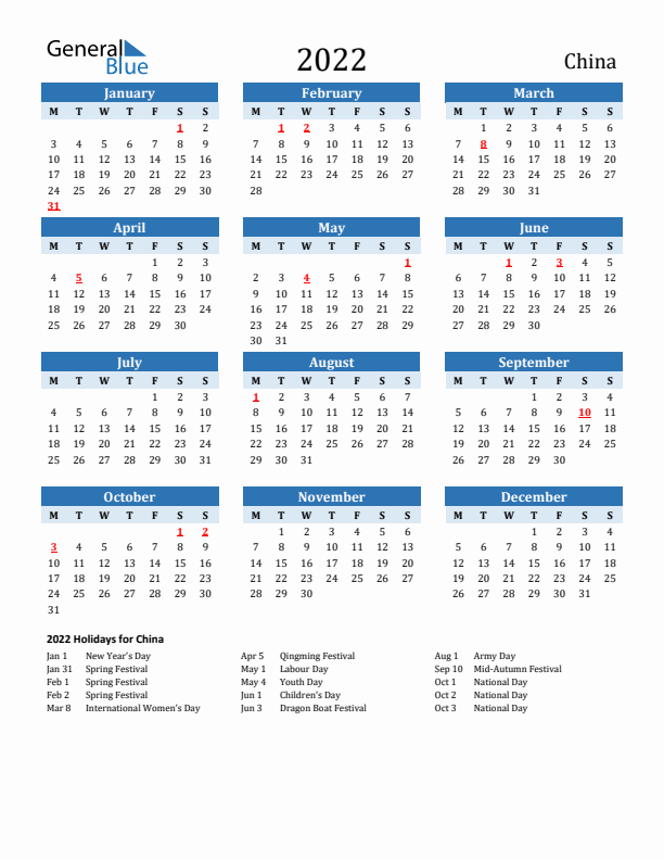 Printable Calendar 2022 with China Holidays (Monday Start)