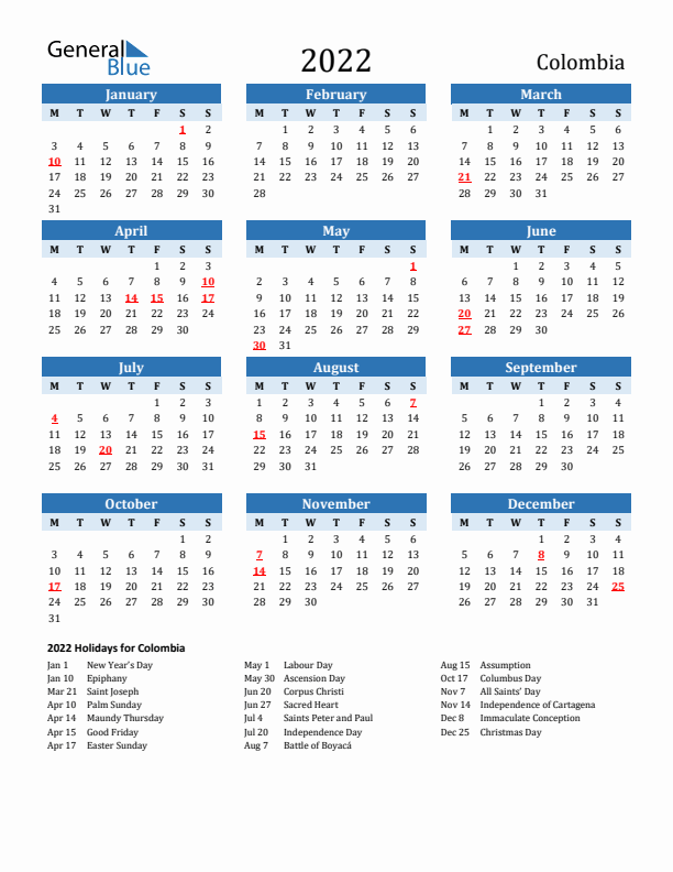 Printable Calendar 2022 with Colombia Holidays (Monday Start)