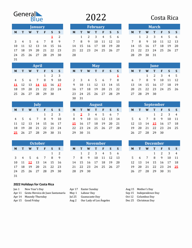 Printable Calendar 2022 with Costa Rica Holidays (Monday Start)