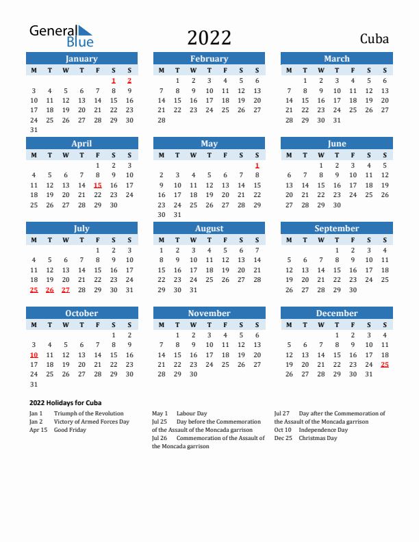 Printable Calendar 2022 with Cuba Holidays (Monday Start)
