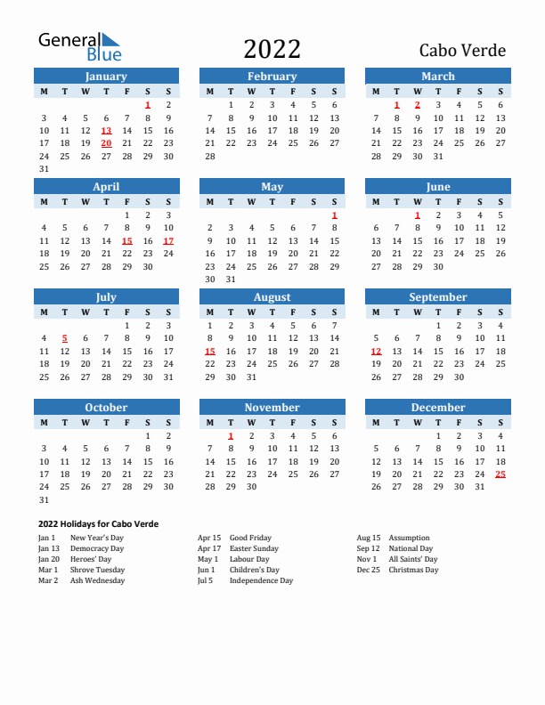 Printable Calendar 2022 with Cabo Verde Holidays (Monday Start)