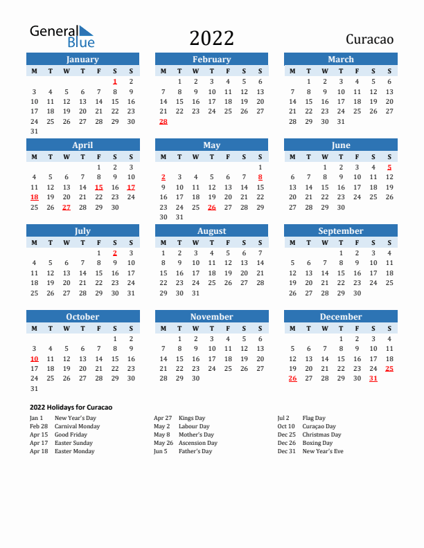 Printable Calendar 2022 with Curacao Holidays (Monday Start)
