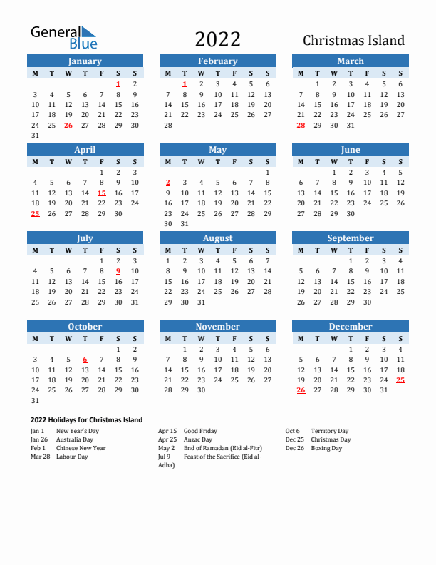 Printable Calendar 2022 with Christmas Island Holidays (Monday Start)