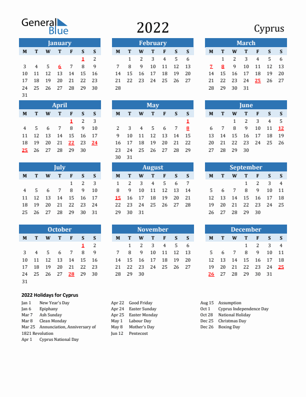 Printable Calendar 2022 with Cyprus Holidays (Monday Start)