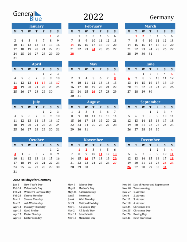 Printable Calendar 2022 with Germany Holidays (Monday Start)