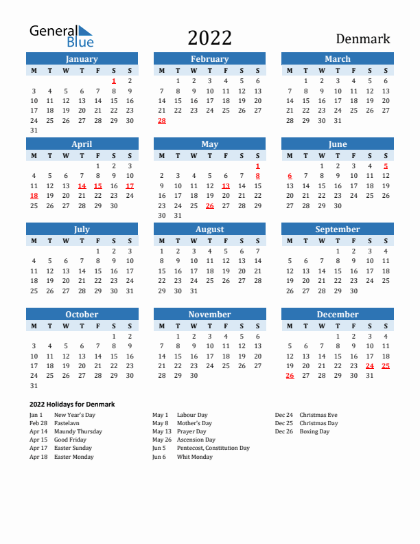 Printable Calendar 2022 with Denmark Holidays (Monday Start)
