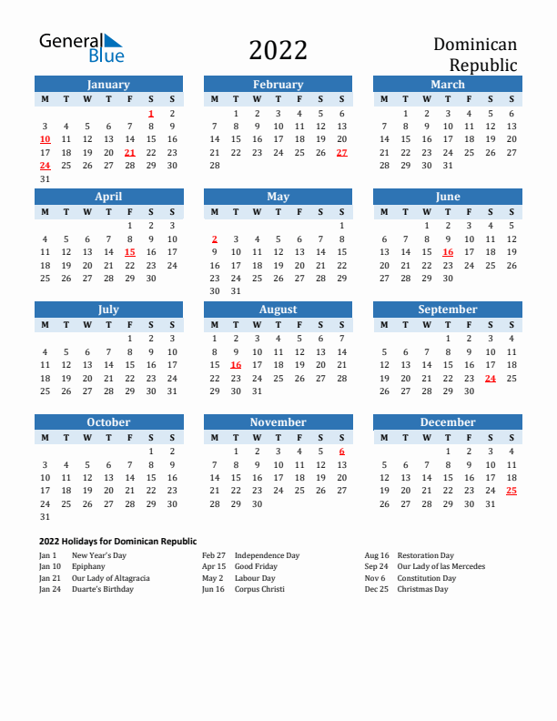 Printable Calendar 2022 with Dominican Republic Holidays (Monday Start)
