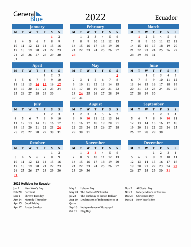 Printable Calendar 2022 with Ecuador Holidays (Monday Start)