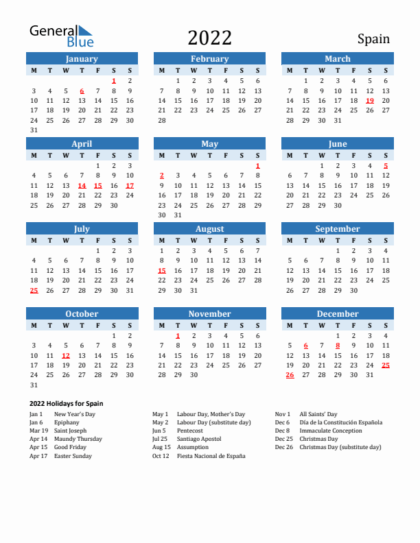 Printable Calendar 2022 with Spain Holidays (Monday Start)