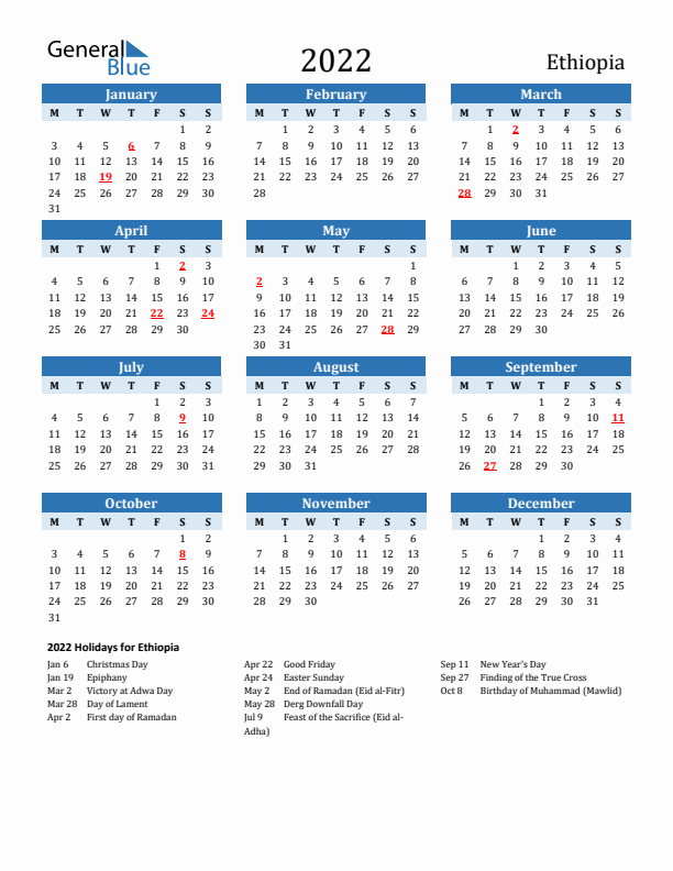 Printable Calendar 2022 with Ethiopia Holidays (Monday Start)