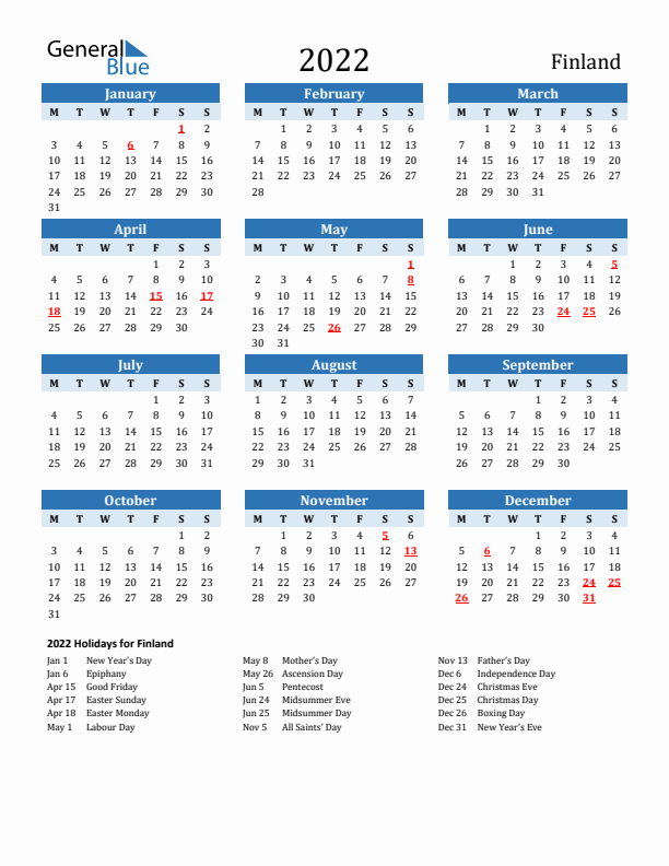 Printable Calendar 2022 with Finland Holidays (Monday Start)