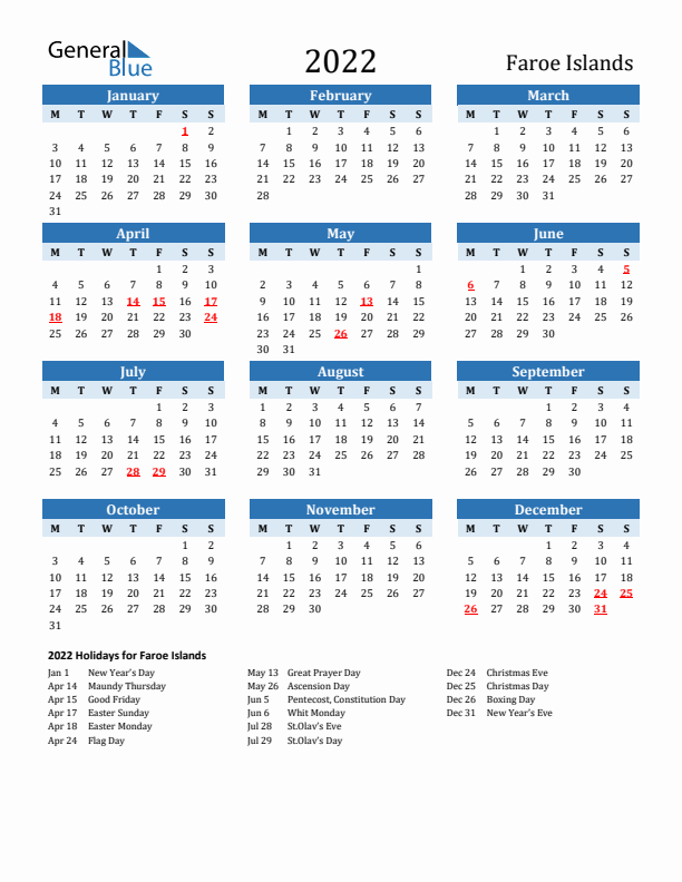 Printable Calendar 2022 with Faroe Islands Holidays (Monday Start)