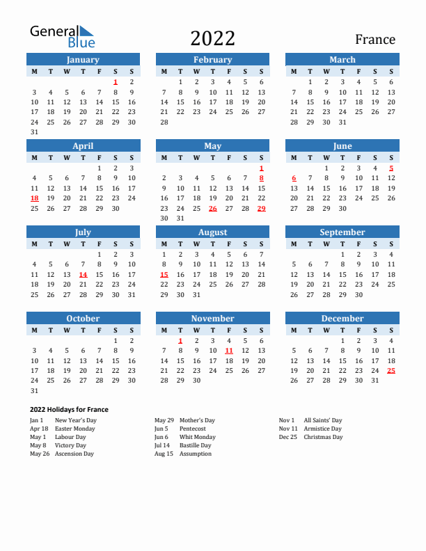 Printable Calendar 2022 with France Holidays (Monday Start)