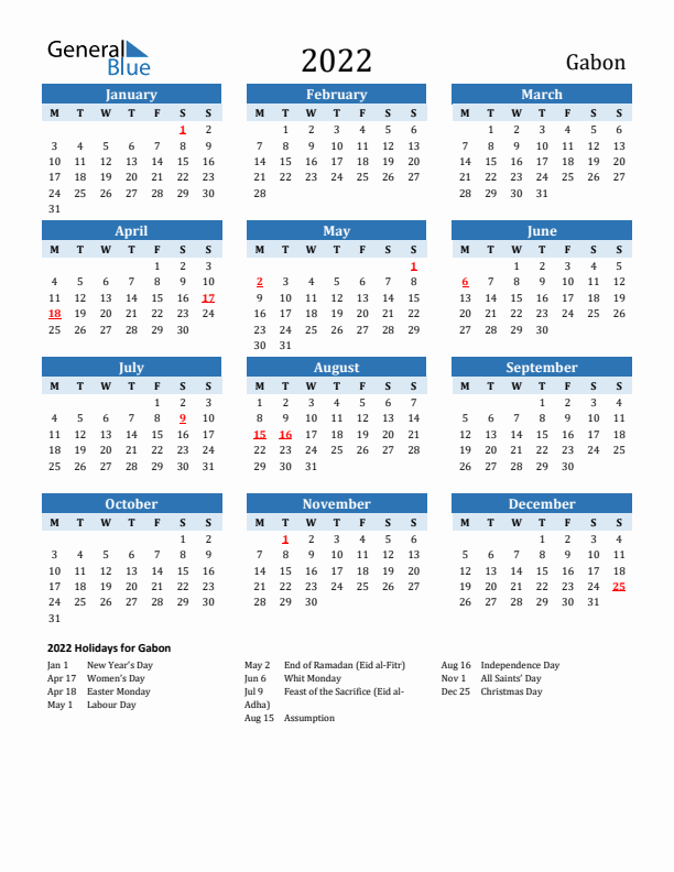 Printable Calendar 2022 with Gabon Holidays (Monday Start)