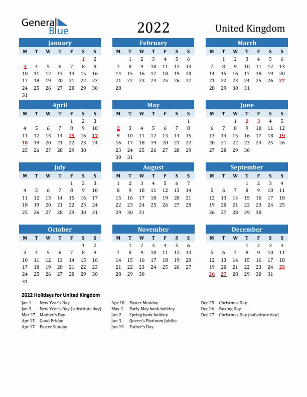 Printable Calendar 2022 with United Kingdom Holidays (Monday Start)