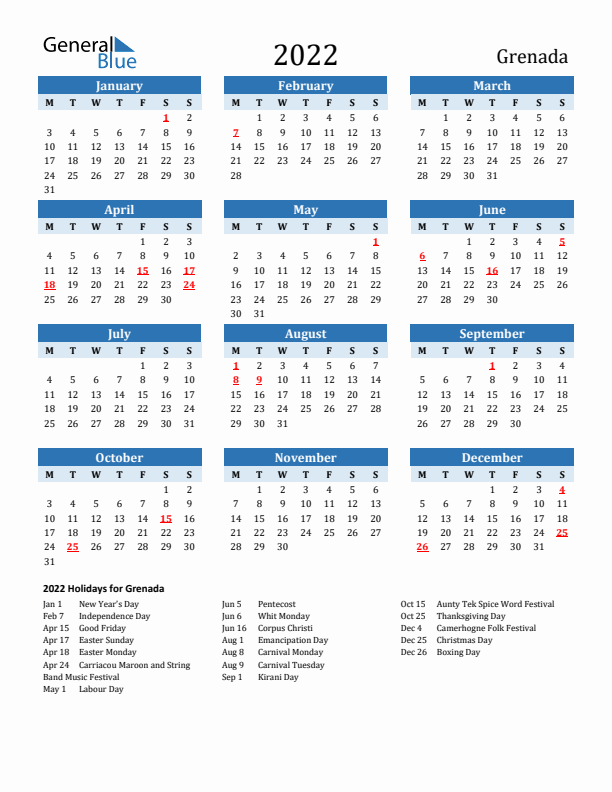 Printable Calendar 2022 with Grenada Holidays (Monday Start)