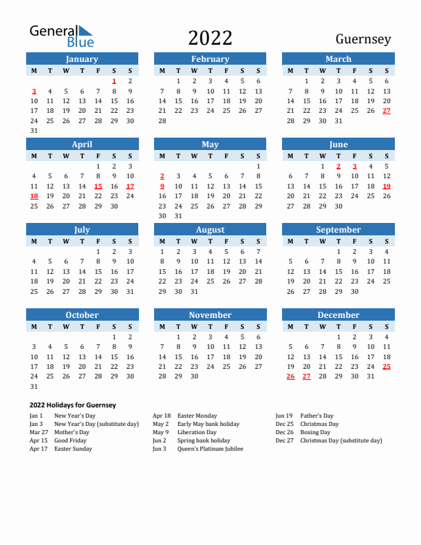 Printable Calendar 2022 with Guernsey Holidays (Monday Start)