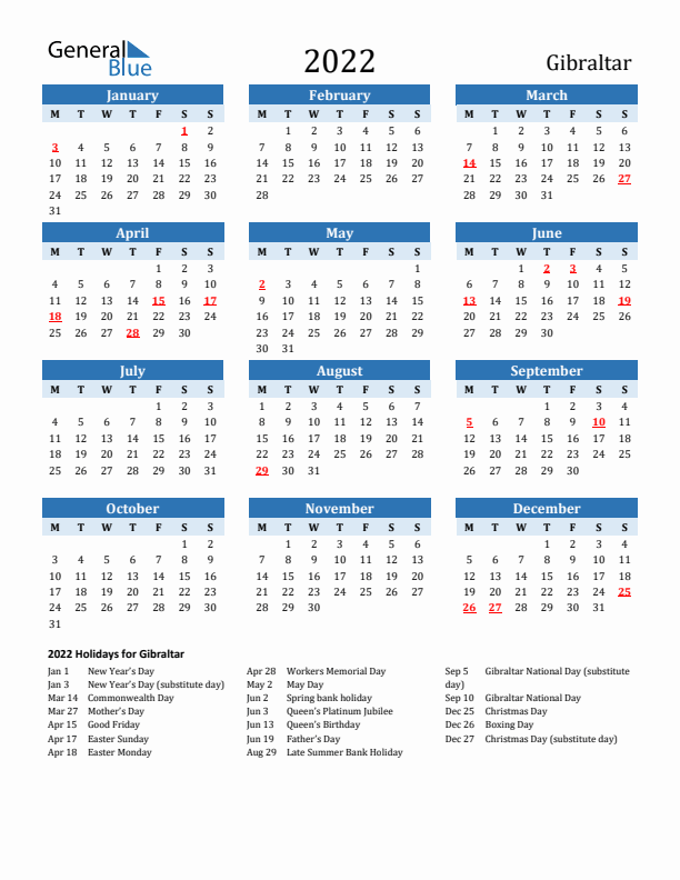Printable Calendar 2022 with Gibraltar Holidays (Monday Start)