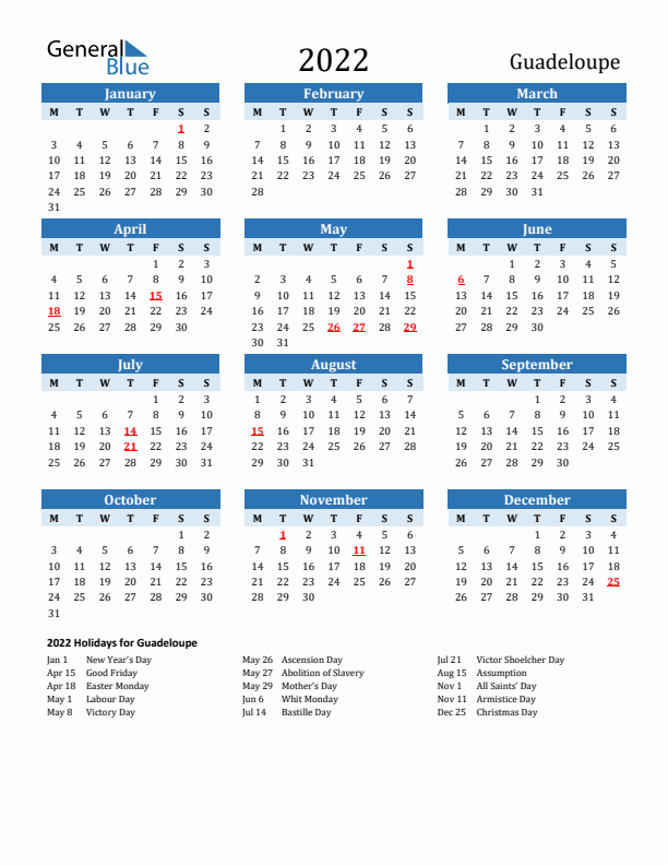 Printable Calendar 2022 with Guadeloupe Holidays (Monday Start)