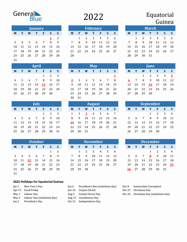 Printable Calendar 2022 with Equatorial Guinea Holidays (Monday Start)