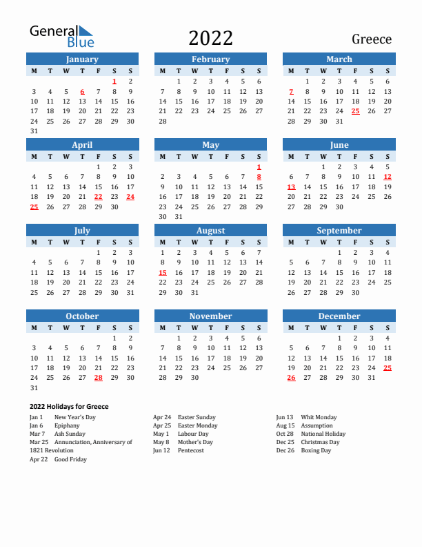 Printable Calendar 2022 with Greece Holidays (Monday Start)