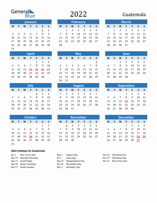 Printable Calendar 2022 with Guatemala Holidays (Monday Start)