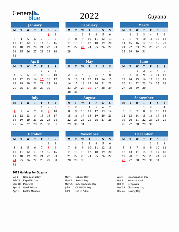 Printable Calendar 2022 with Guyana Holidays (Monday Start)