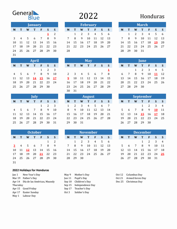 Printable Calendar 2022 with Honduras Holidays (Monday Start)