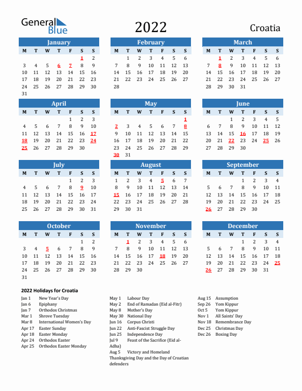 Printable Calendar 2022 with Croatia Holidays (Monday Start)