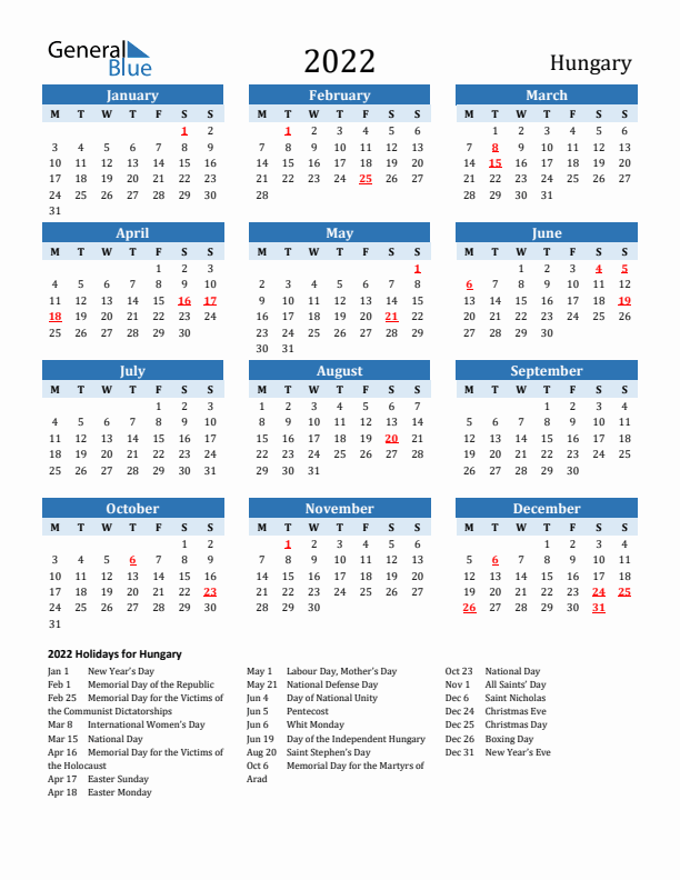 Printable Calendar 2022 with Hungary Holidays (Monday Start)