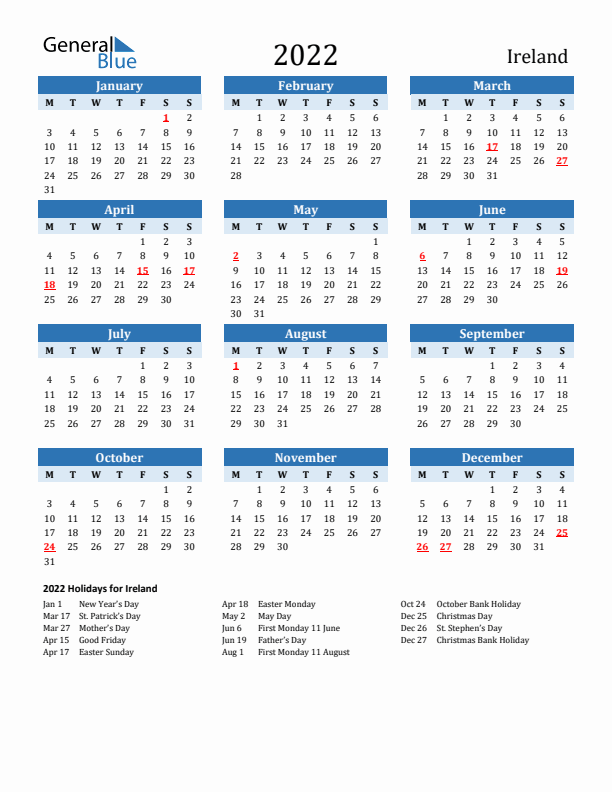 Printable Calendar 2022 with Ireland Holidays (Monday Start)
