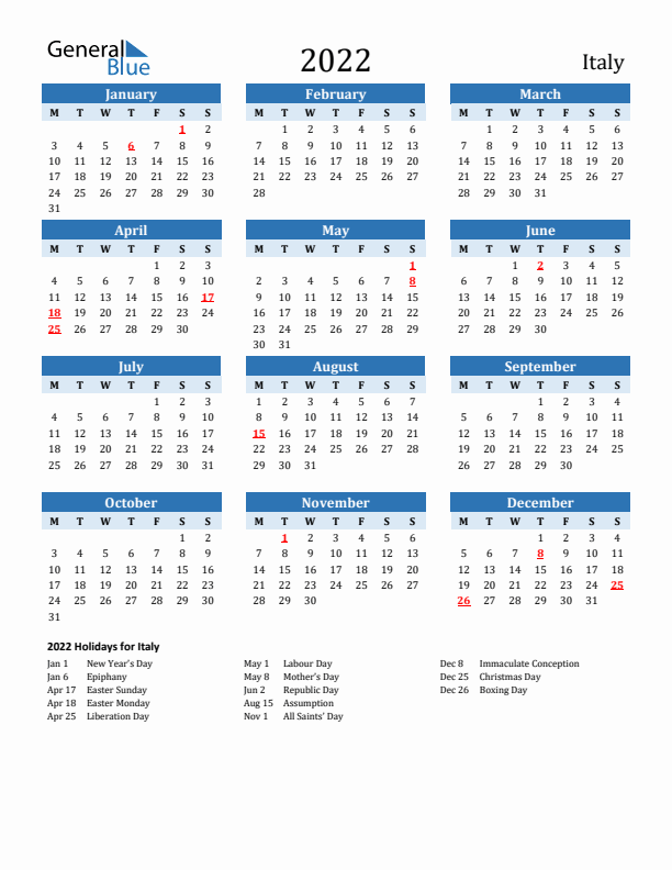 Printable Calendar 2022 with Italy Holidays (Monday Start)