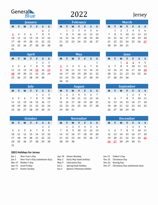 Printable Calendar 2022 with Jersey Holidays (Monday Start)