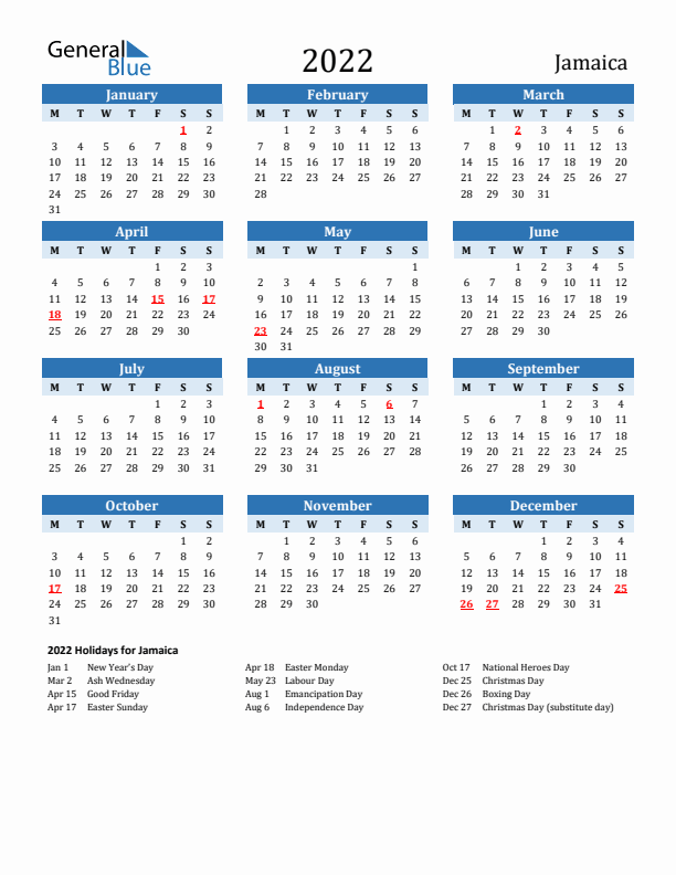 Printable Calendar 2022 with Jamaica Holidays (Monday Start)