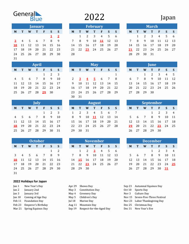 Printable Calendar 2022 with Japan Holidays (Monday Start)