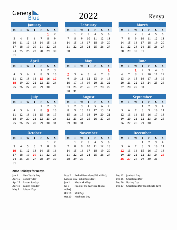 Printable Calendar 2022 with Kenya Holidays (Monday Start)