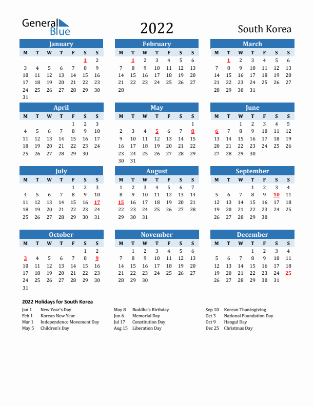 Printable Calendar 2022 with South Korea Holidays (Monday Start)